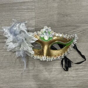Gold Green & Silver Sequin Jeweled Feather Flower Masquerade Mask | Womens